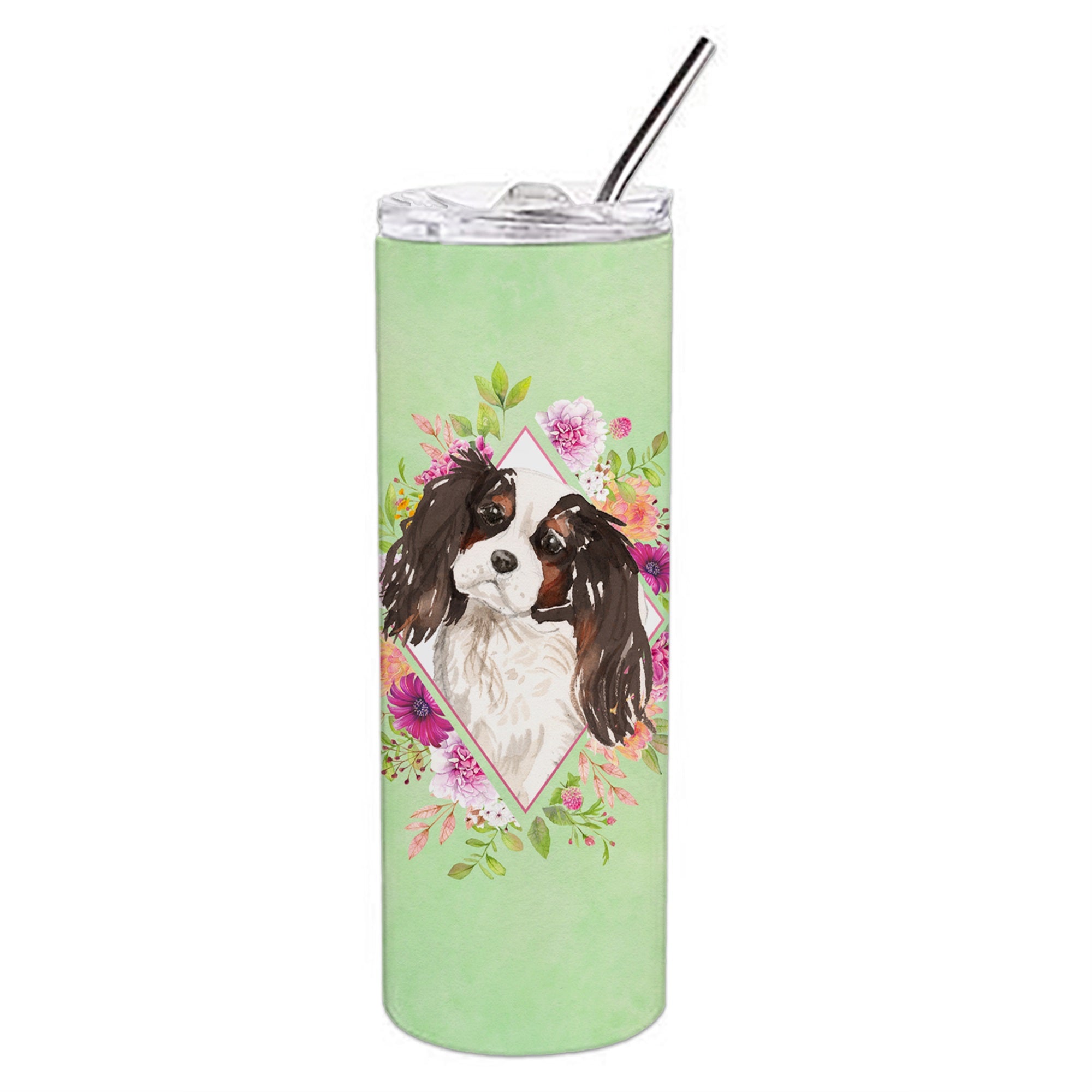 Tricolor Cavalier Spaniel Green Flowers Double Walled Stainless Steel 20 Oz Skinny Tumbler
